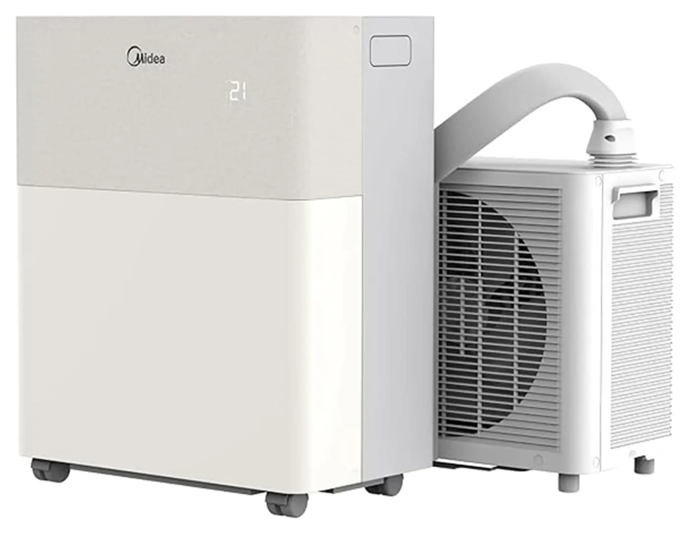 Midea PortaSplit E mit pfirsichfarbenem Innengerät und Außengerät